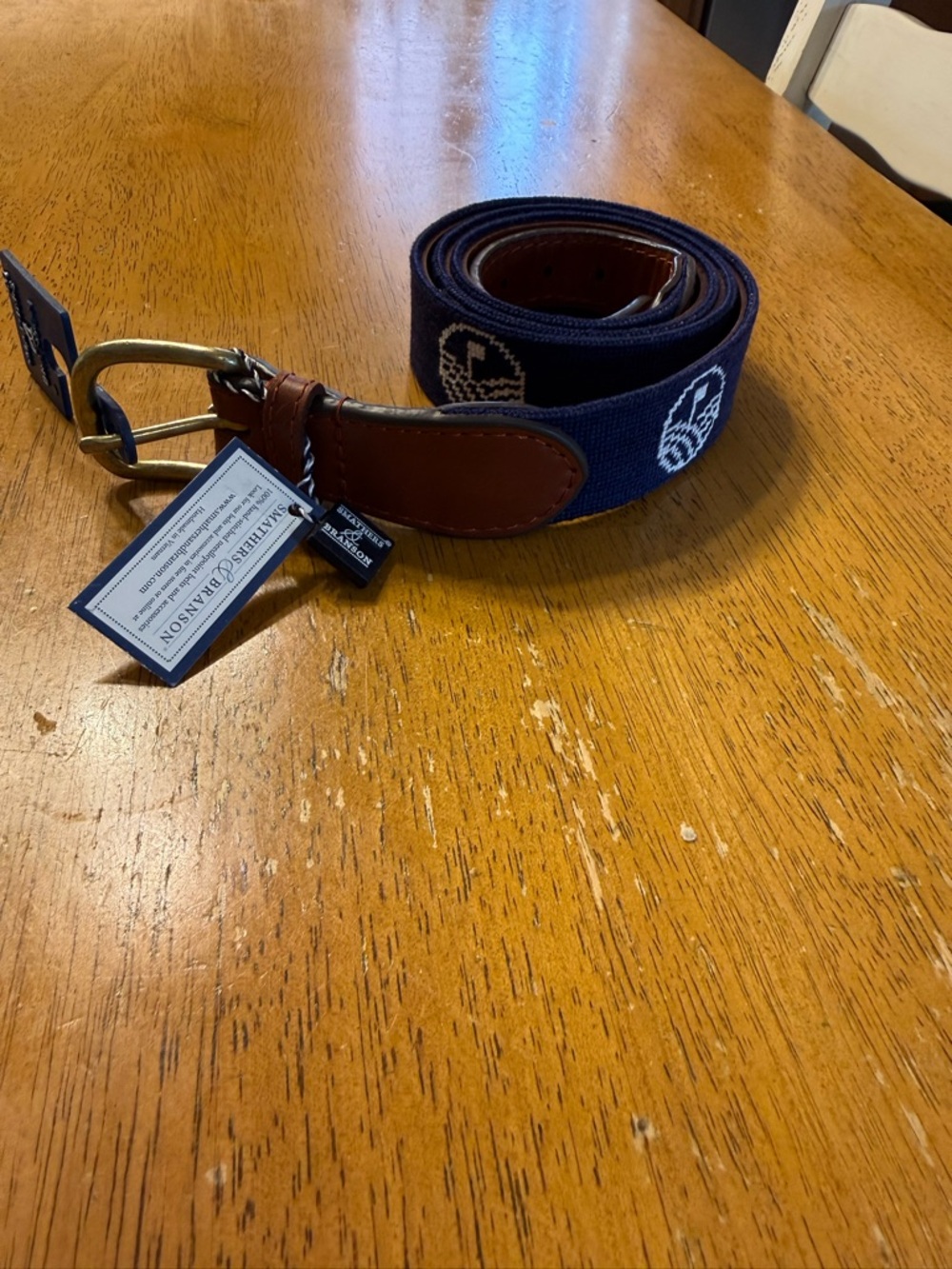 Smathers & Branson Navy Needlepoint Belt with Brown Leather Trim